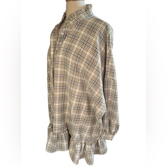 PrettyLittleThing Ivory,Beige & Black Plaid Ruffle Collar, Shirt Dress Size 10 - Picture 5 of 10